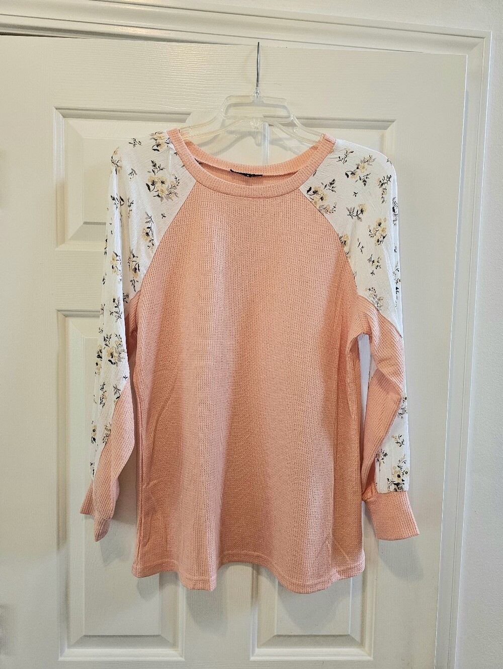 Peach Boutique-Style Floral Long-Sleeved Waffle knit Top